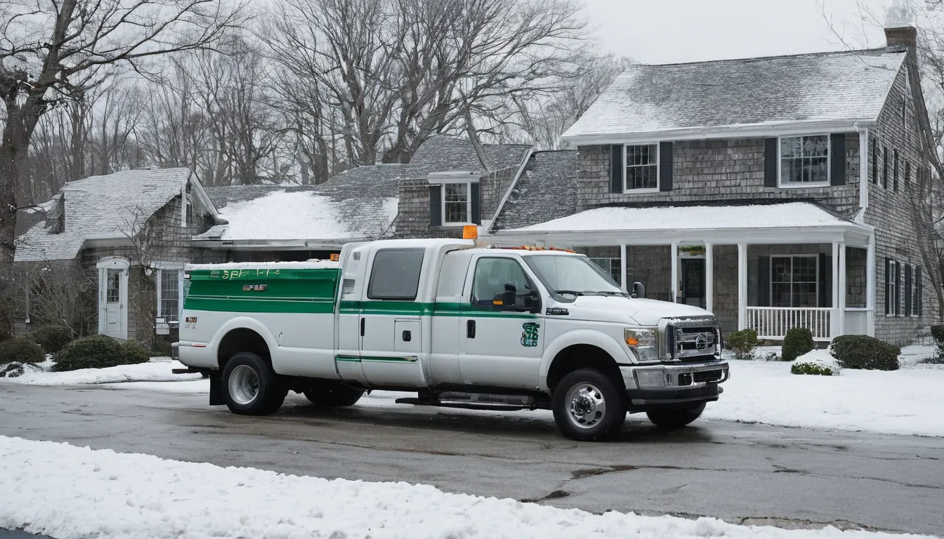 Septic service truck parked beside a home in Methuen Town during a snowy winter